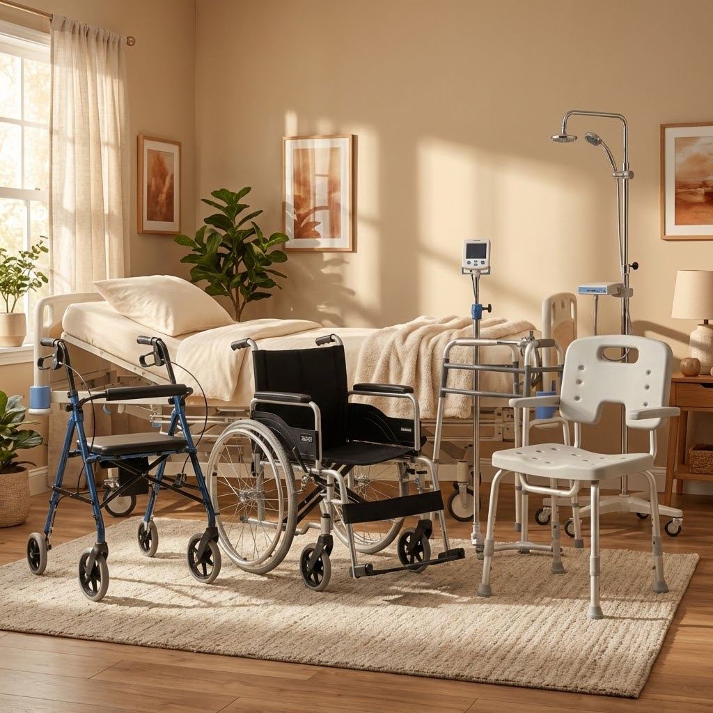 Matériel de maintien à domicile : lit médicalisé, fauteuil roulant, déambulateur